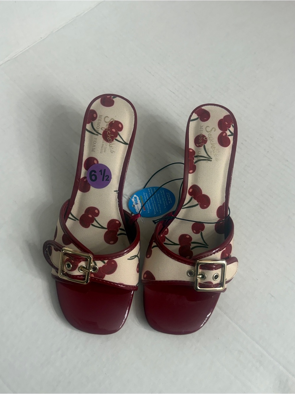 Cherry Print Buckle Kitten Heel Mules Red White - Picture 2 of 4